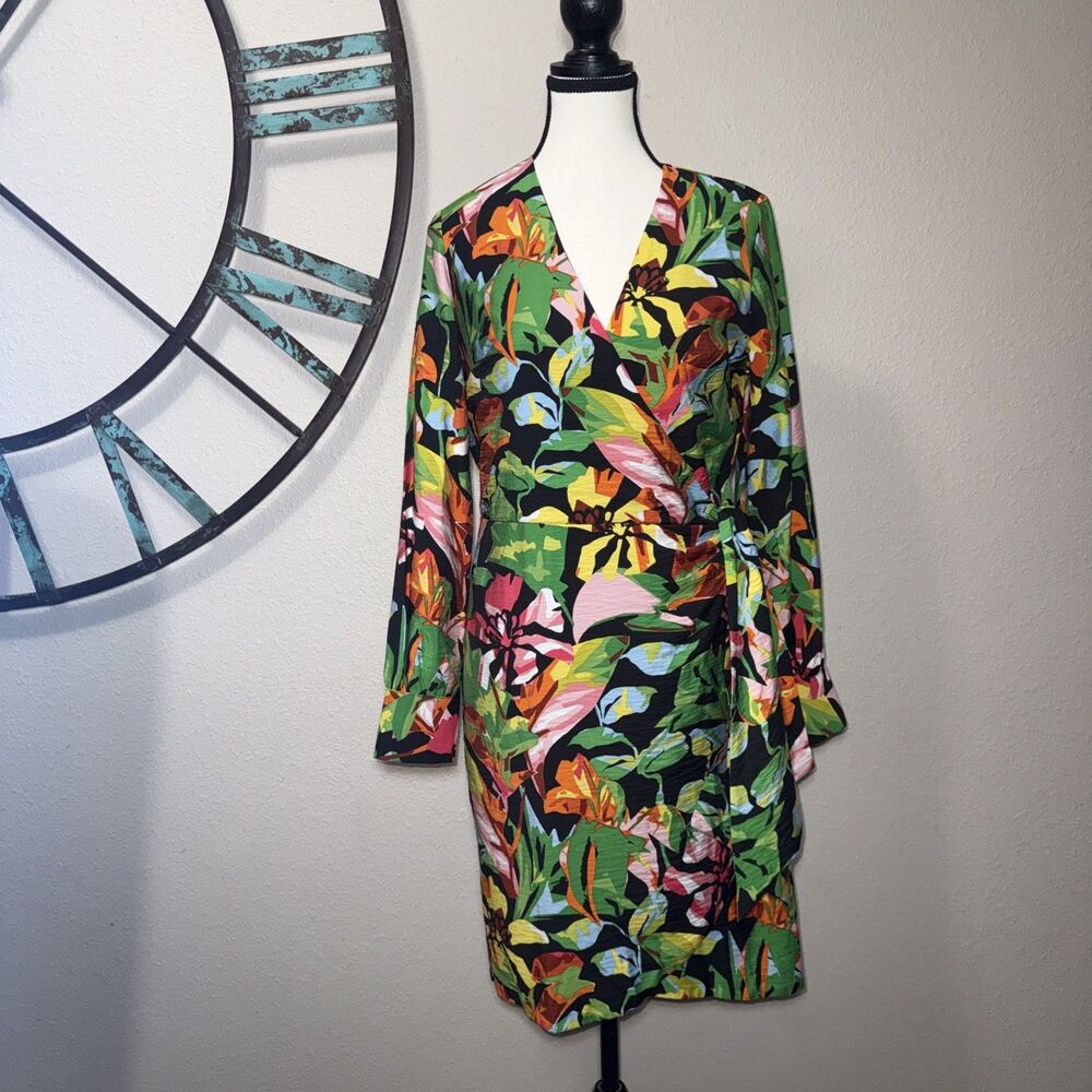 INC International Concepts Wrap Dress Small NWT Tropical Floral Long Sleeve